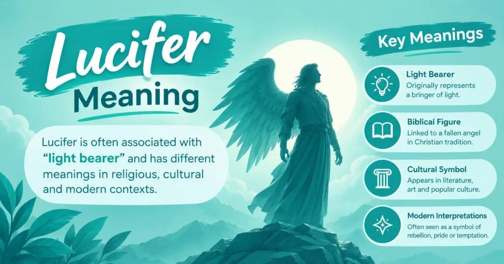Lucifer meaning infographic explaining the term “light bearer,” its biblical associations, cultural symbolism, and modern interpretations.
