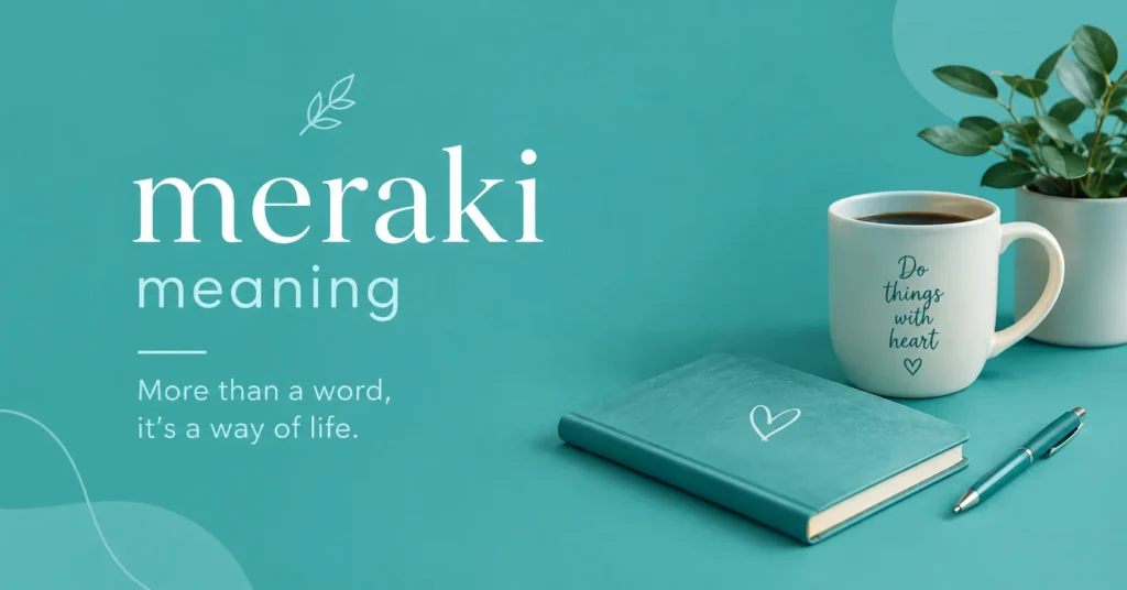 Meraki meaning infographic with a teal background, elegant typography, coffee mug, journal, and plant symbolizing creativity and doing things with heart.