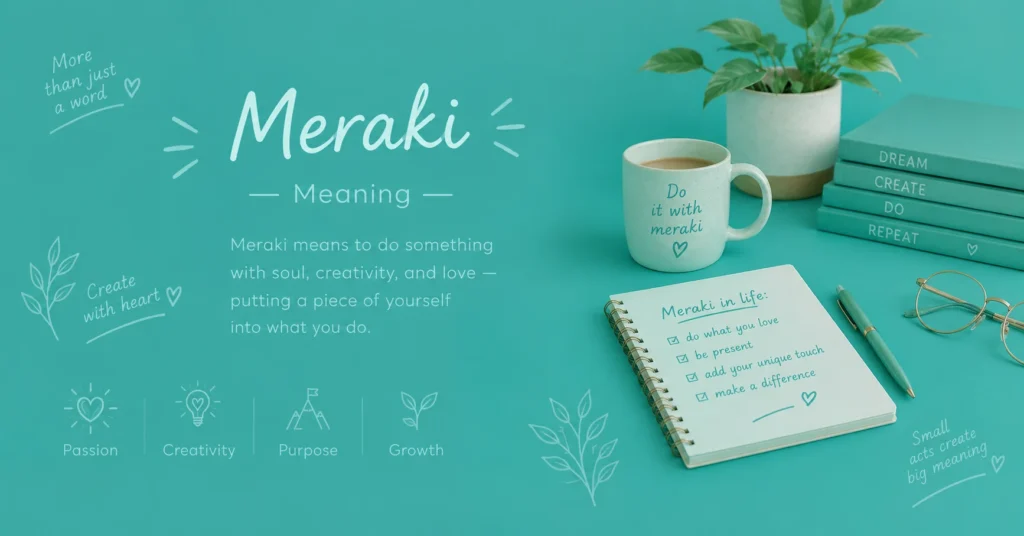 Meraki meaning infographic featuring a teal background, cozy mug, books, plant, and handwritten text explaining meraki as doing something with soul, creativity, and love.