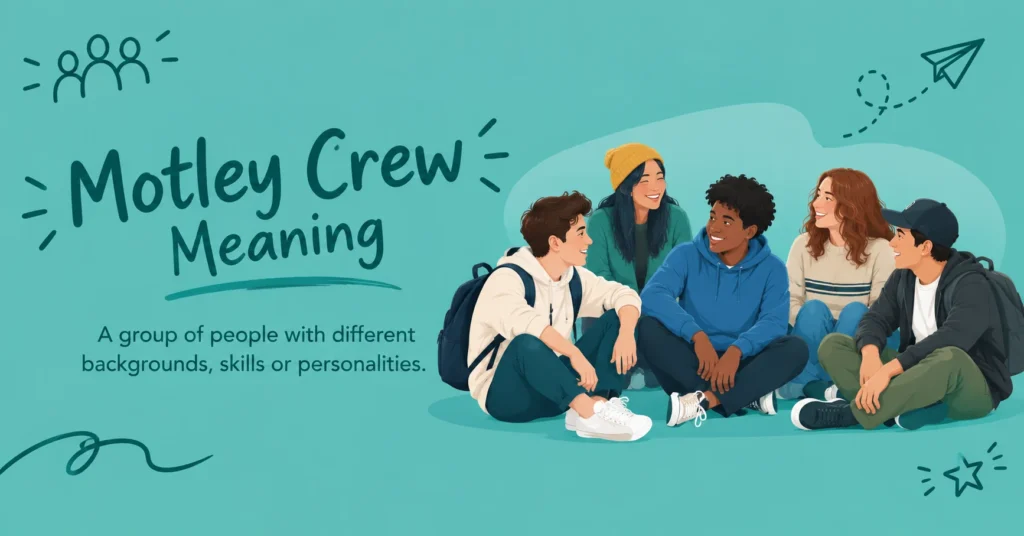 Motley Crew Meaning Illustration of a diverse group of friends sitting together, representing people with different backgrounds and personalities.