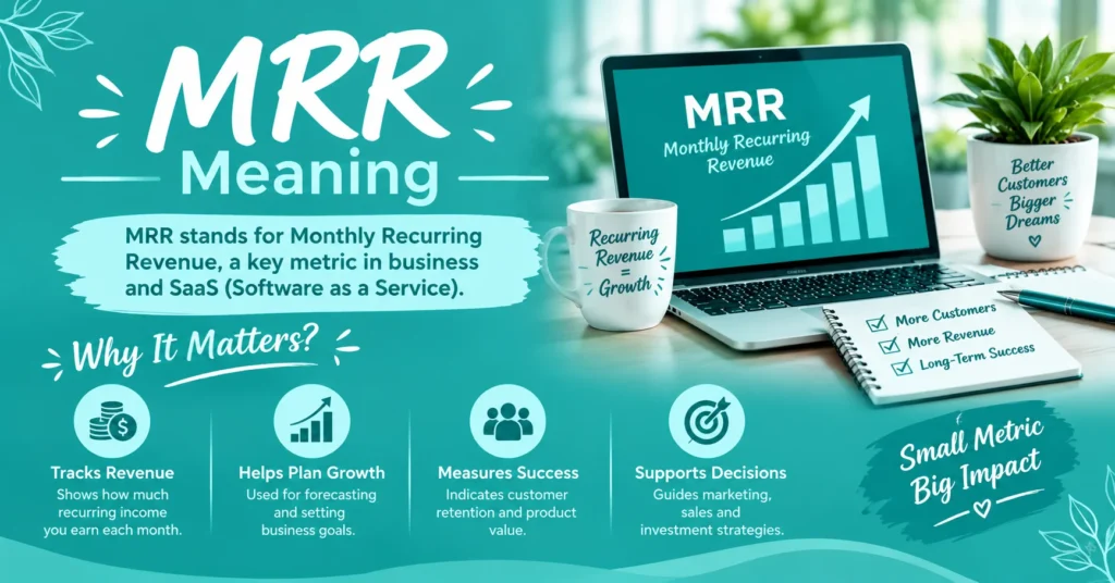 MRR meaning infographic explaining Monthly Recurring Revenue, business growth, revenue tracking, customer retention, and financial planning
