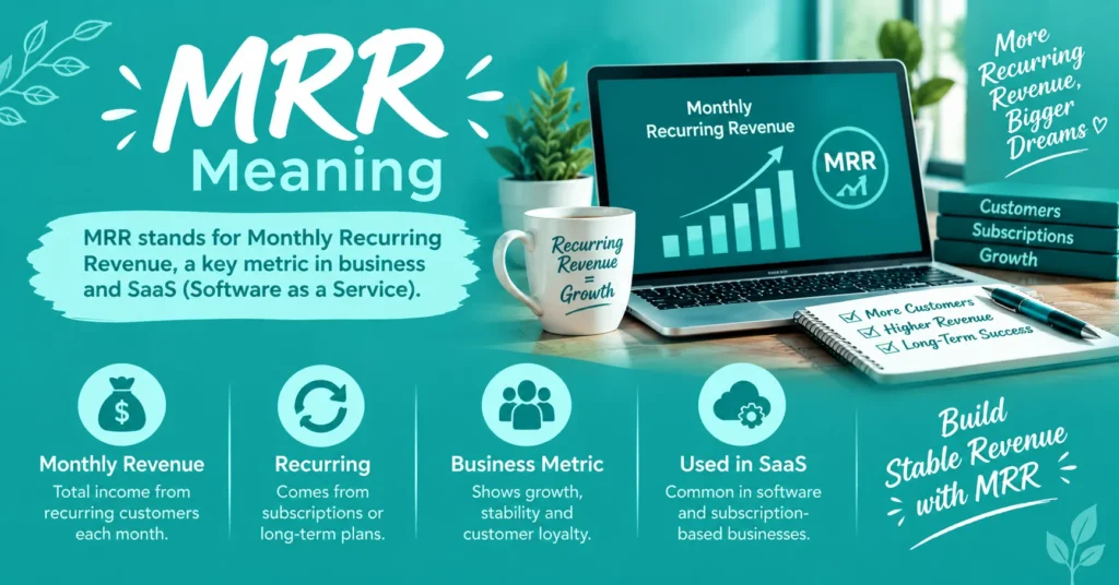 MRR meaning illustration showing Monthly Recurring Revenue, subscription income, SaaS business metrics, and recurring revenue growth with a laptop dashboard