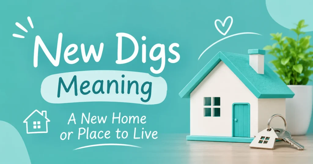 New Digs Meaning – a new home or place to live, featuring a teal background, miniature house, and house keys.