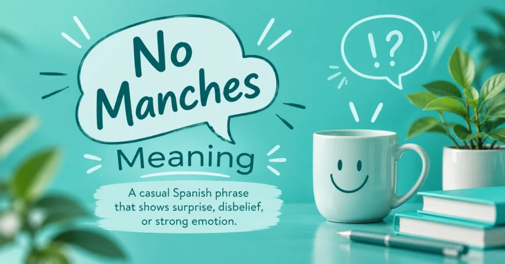 No Manches meaning explained with a speech bubble, smiling mug, and teal background.