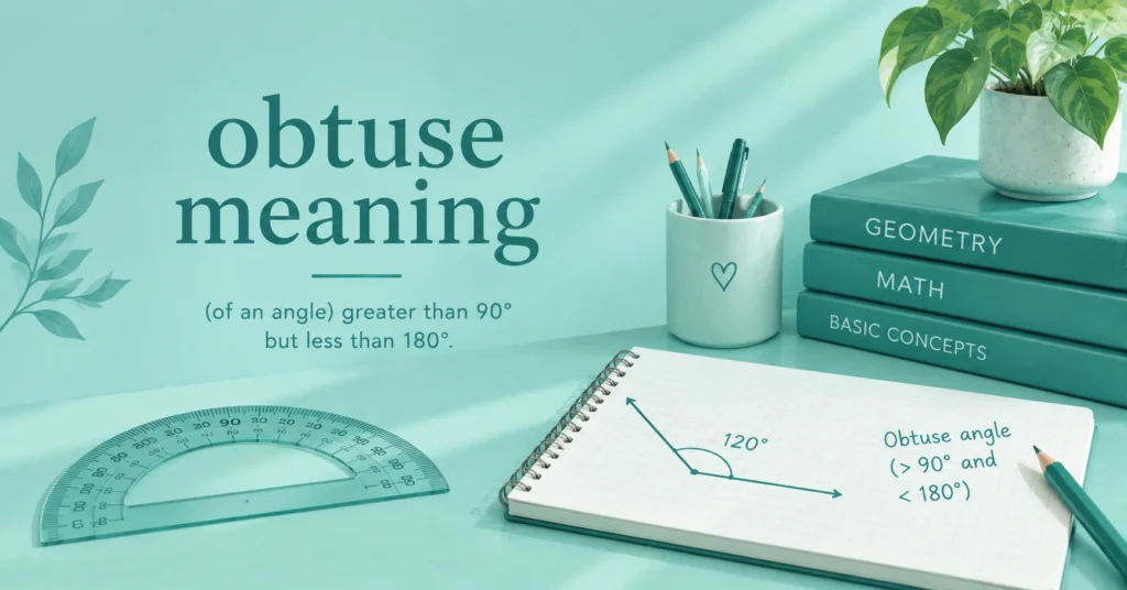 Obtuse meaning explained with a 120° angle, protractor, geometry books, and a notebook in a soft teal educational setting.