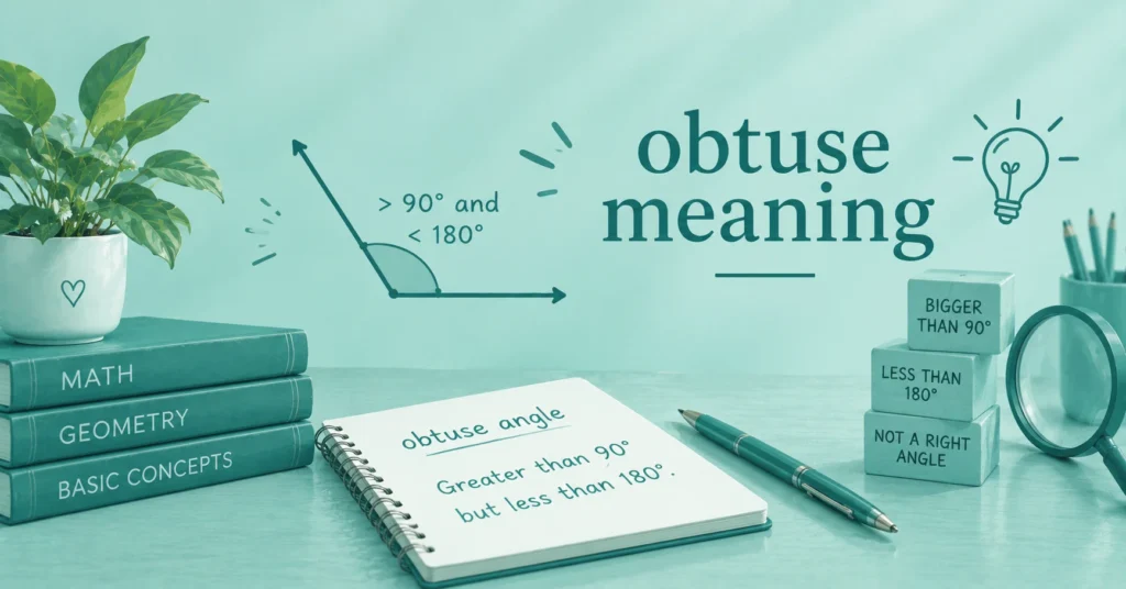 Obtuse meaning illustrated with an obtuse angle diagram showing greater than 90° and less than 180°, math books, and study elements.