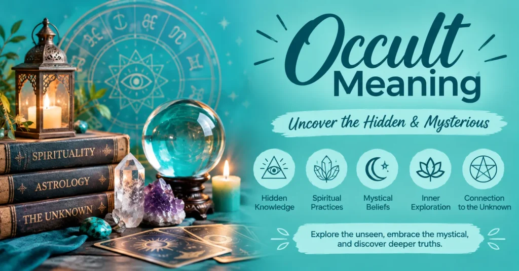 Occult meaning infographic featuring mystical symbols, crystals, candles, tarot cards, and hidden spiritual knowledge in a teal design.