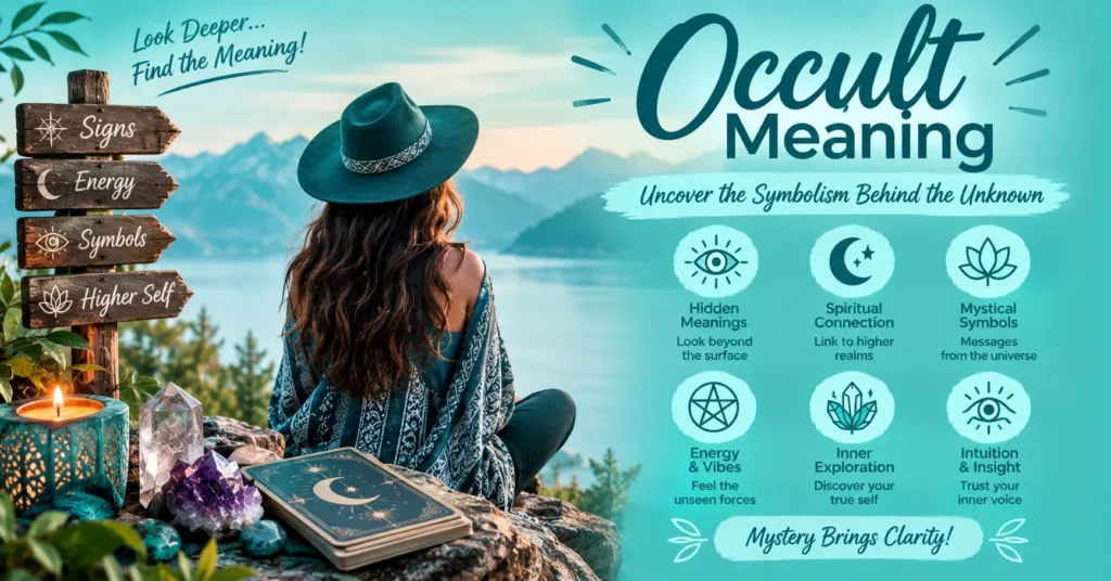 Occult meaning infographic with a woman exploring mystical symbols, spiritual energy, intuition, and hidden meanings