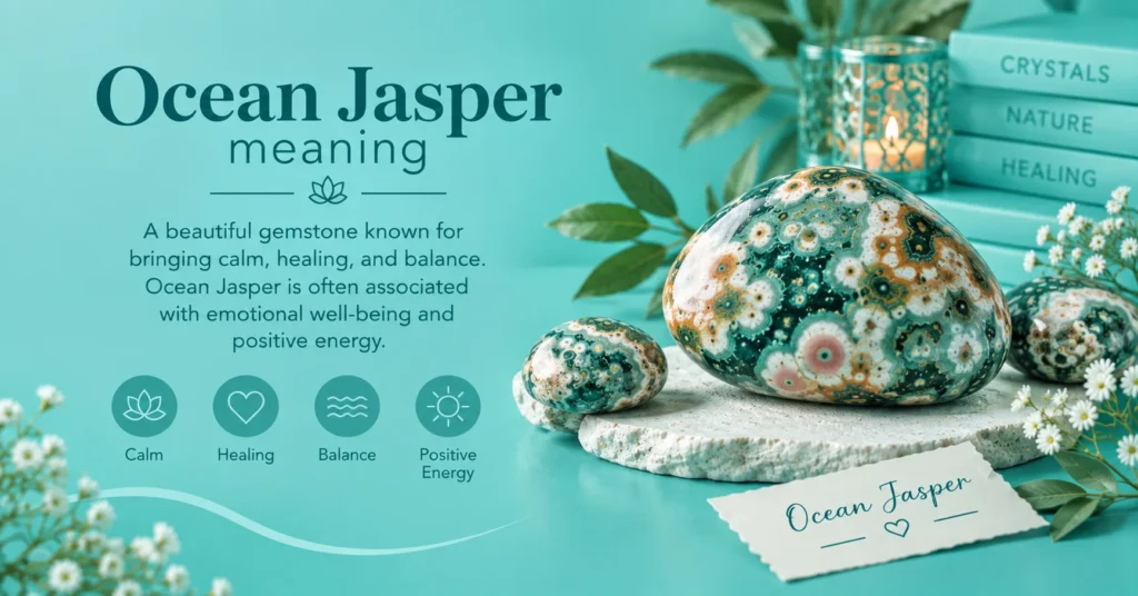 Ocean Jasper meaning infographic featuring a polished orbicular Ocean Jasper stone, teal background, calming symbols for peace, healing, and positive energy, shells, greenery, and a handwritten Ocean Jasper card.