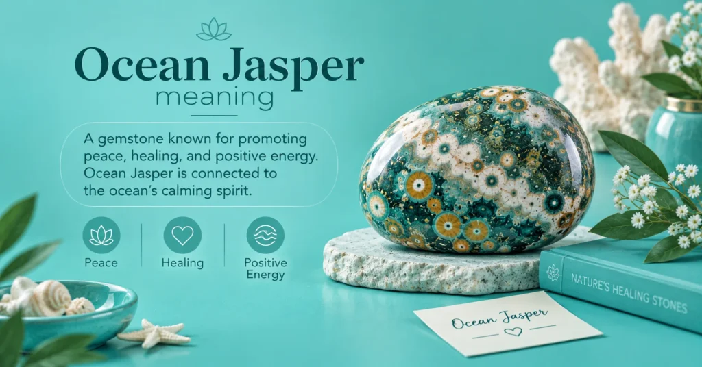 Ocean Jasper meaning graphic showing patterned Ocean Jasper stones with labels for calm, healing, balance, and positive energy, along with flowers, greenery, candlelight, crystal-themed books, and a teal background.