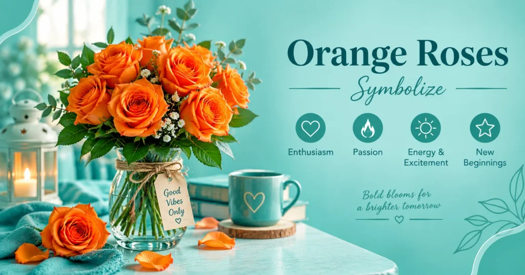 Orange roses meaning illustrated with a vibrant bouquet of orange roses symbolizing enthusiasm, passion, and new beginnings on a teal background.