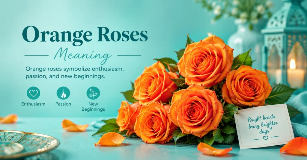 Orange roses meaning shown with a fresh orange rose bouquet and icons representing enthusiasm, passion, energy, excitement, and new beginnings in a teal setting.