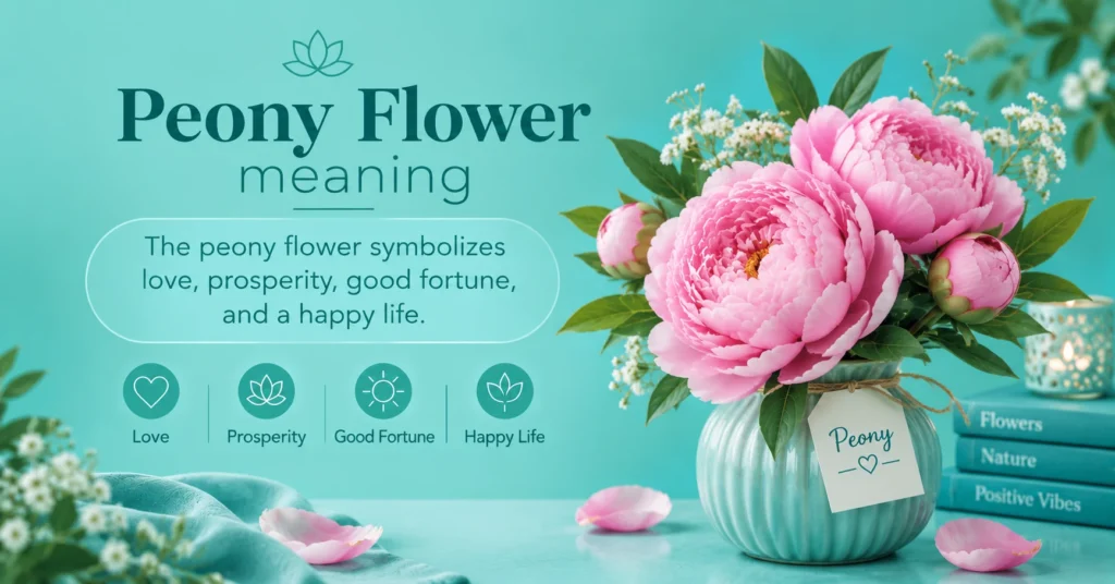 Peony flower meaning infographic with pink peonies in an aqua vase, teal background, and symbols representing love, prosperity, good fortune, and a happy life.