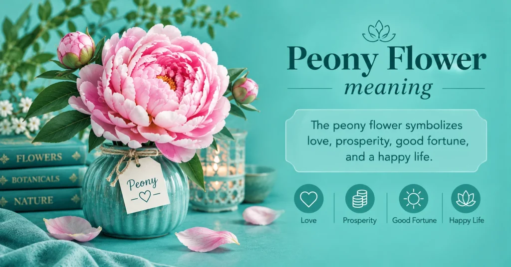 Peony flower meaning graphic featuring a lush pink peony arrangement, aqua vase with a “Peony” tag, floral accents, and icons for love, prosperity, good fortune, and happy life.