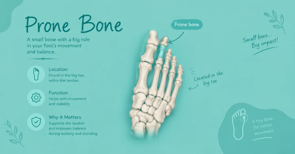 Prone bone meaning infographic showing a highlighted foot bone, its location, function, and role in movement and balance.
