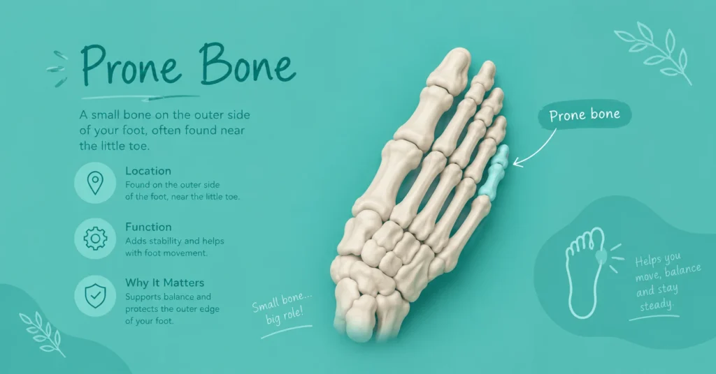 Prone bone meaning medical infographic showing the highlighted foot bone with information about its location, stability, movement, and balance.