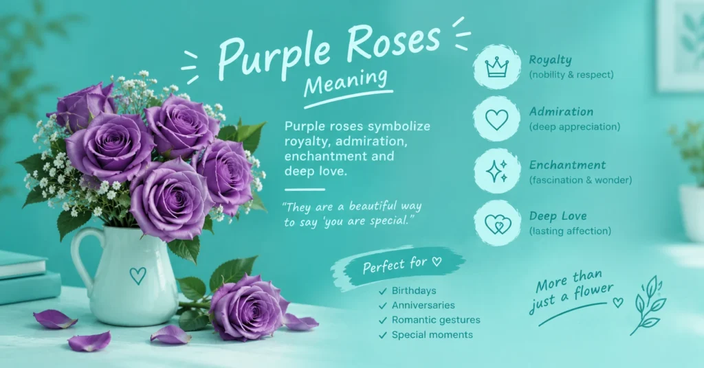 Purple roses meaning infographic showing royalty, admiration, enchantment, and deep love.