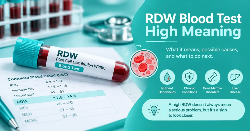 RDW blood test high meaning showing an elevated red cell distribution width, possible causes, and blood test information
