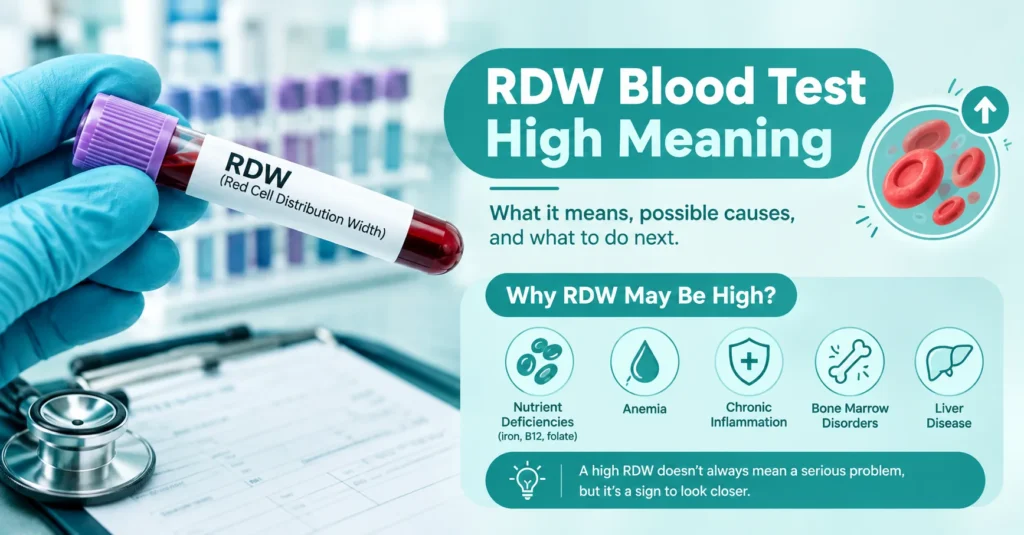 RDW blood test high meaning infographic showing a blood sample, red blood cells, and possible causes of elevated RDW