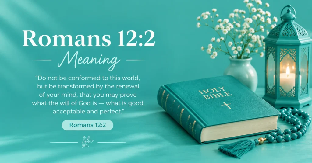 Romans 12:2 meaning with Bible, lantern, flowers, and teal Christian design