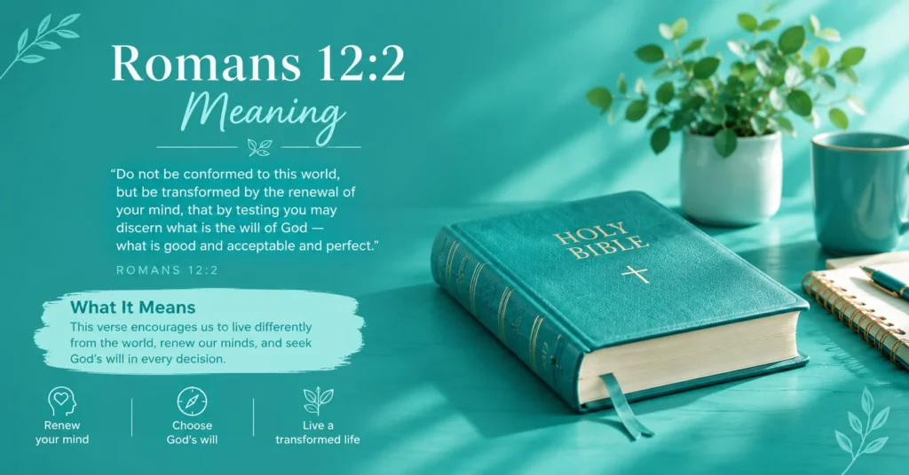Romans 12:2 meaning with Holy Bible, renewal message, and teal inspirational design
