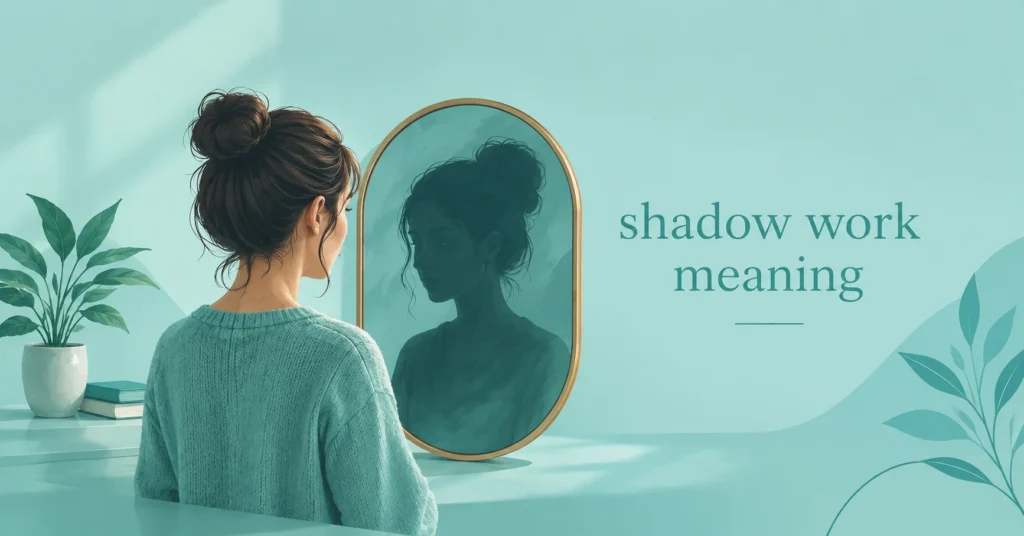 Shadow work meaning illustrated with a woman looking into a mirror and exploring her inner self.