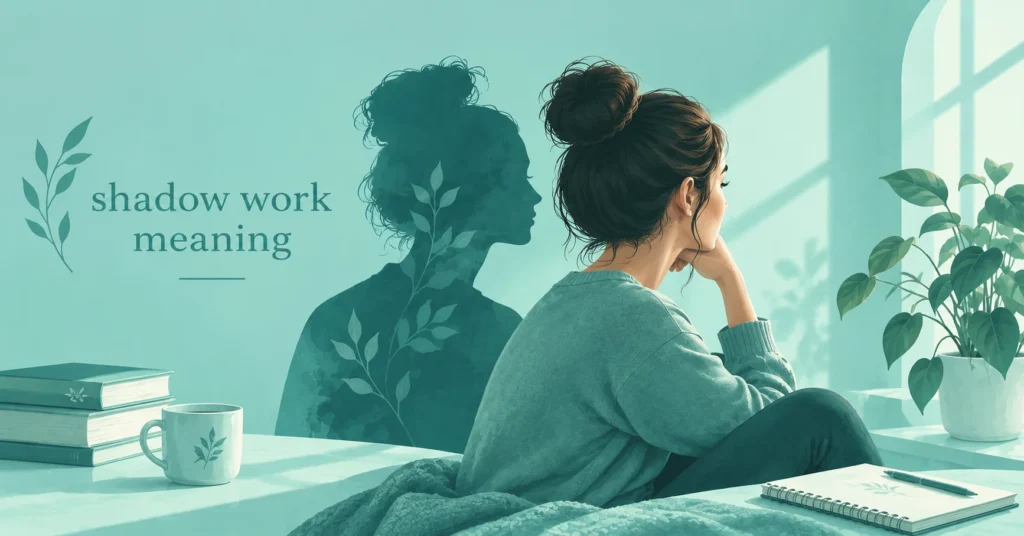 Shadow work meaning shown through a woman reflecting beside her shadow silhouette in a calm teal setting.