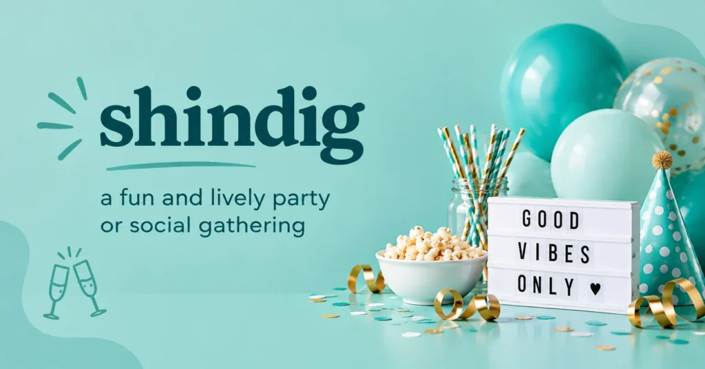 Shindig meaning infographic with party balloons, confetti, party hats, and the definition “a fun and lively party or social gathering” on a teal background.