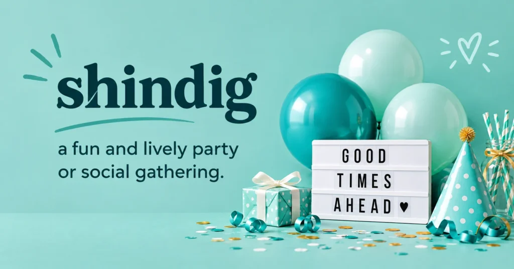 Shindig meaning graphic featuring balloons, a party gift, decorations, and a concise definition of shindig as a fun and lively party or social gathering.