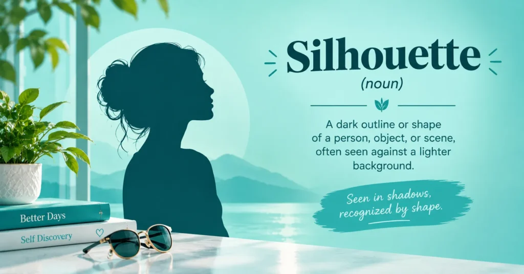 Silhouette meaning infographic showing a dark female profile against a bright scenic background with the definition of silhouette in a teal-themed design.