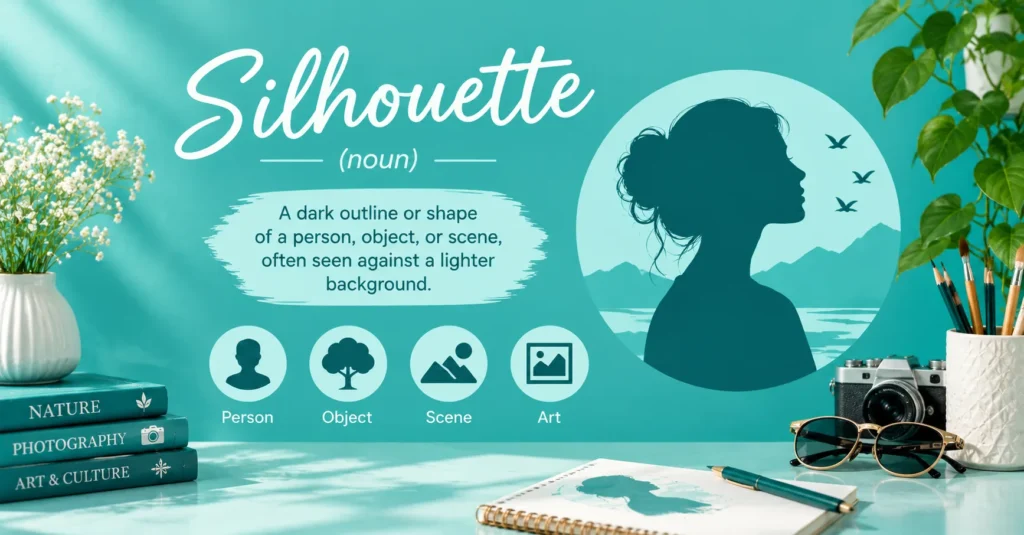 Silhouette meaning graphic featuring a profile outline, nature scene, camera, art supplies, and icons for person, object, scene, and art.