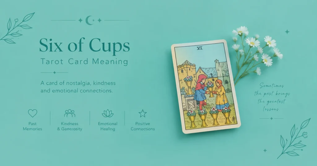 Six of Cups tarot card meaning infographic on a teal background, symbolizing nostalgia, kindness, and emotional healing.