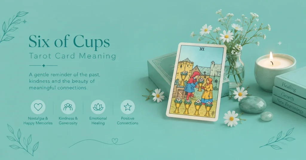Six of Cups tarot card with flowers, crystals, and a candle on a teal background, representing happy memories and meaningful connections.