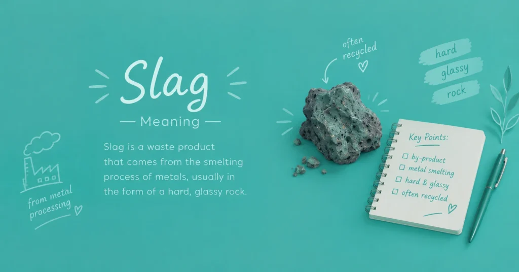 Slag meaning infographic showing a porous slag rock, metal-processing factory illustration, and key points about slag being a hard, glassy by-product of metal smelting.