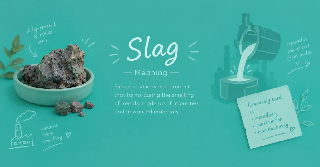 Slag meaning infographic featuring slag rocks, a molten-metal smelting scene, and text explaining slag as a solid waste product used in metallurgy, construction, and manufacturing.