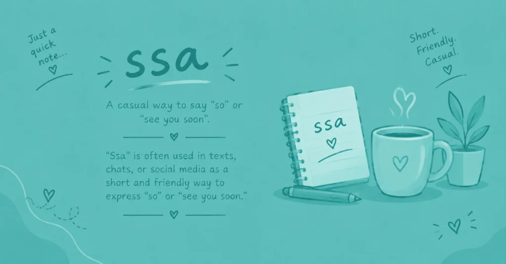 Ssa meaning graphic showing the friendly and casual use of ssa in text messages, chats, and social media conversations