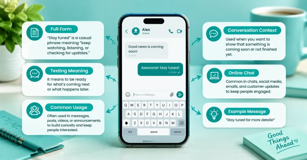 Stay tuned meaning explained with a smartphone chat showing how the phrase is used for updates, online conversations, and future information.