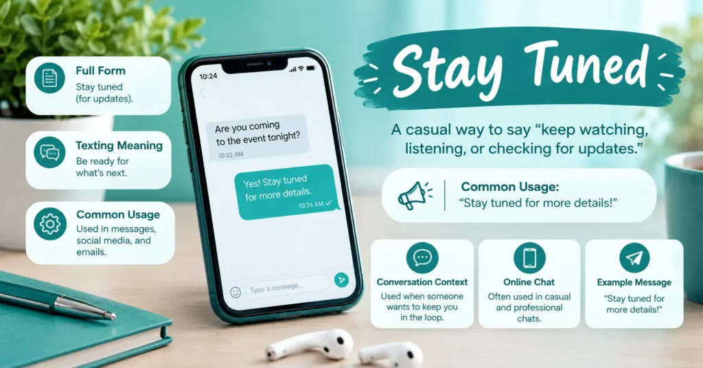 Stay tuned meaning infographic showing its texting meaning, common usage, conversation context, online chat examples, and a smartphone message.