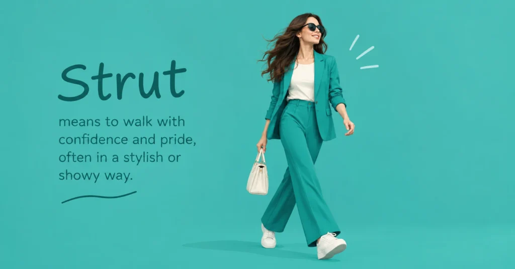 Strut meaning explained with a confident woman walking stylishly on a teal background.