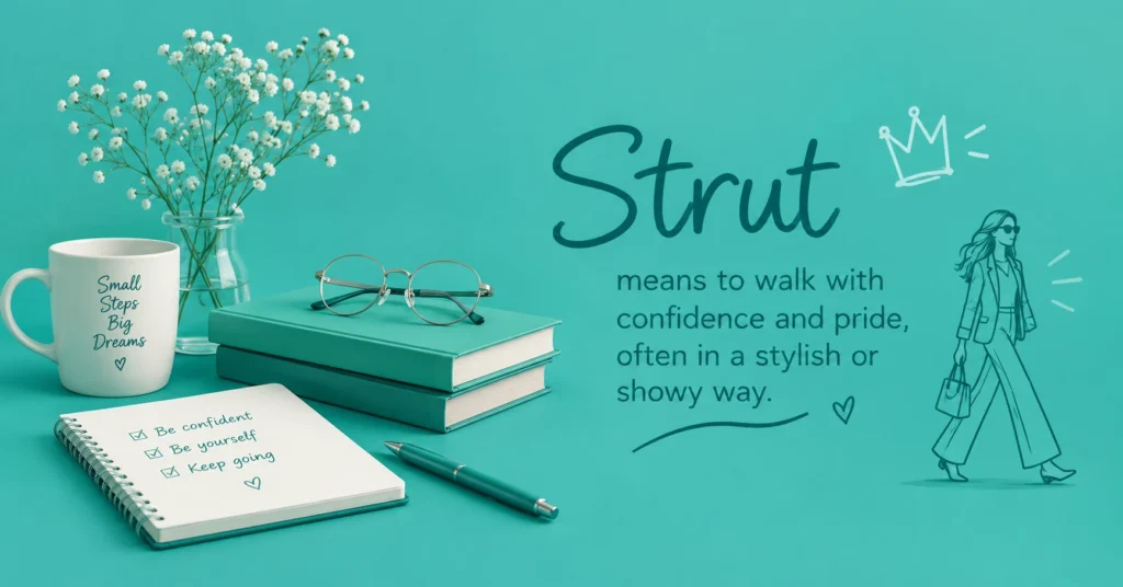  Strut meaning infographic showing a confident walk with stylish teal-themed lifestyle elements.