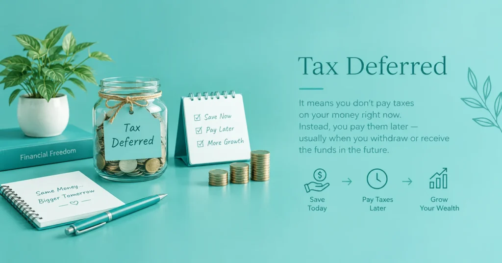 Tax deferred meaning infographic showing taxes paid later, savings growth, and future wealth.