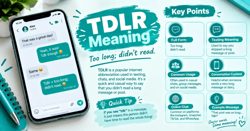 TDLR meaning infographic explaining “too long; didn’t read” with a smartphone chat example and key texting uses