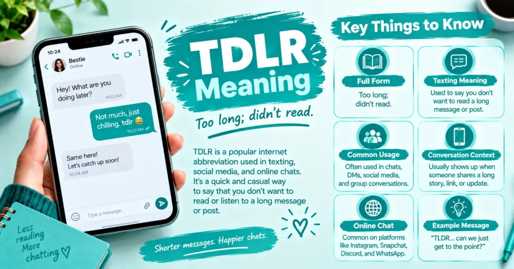 TDLR meaning infographic showing the full form, texting meaning, common usage, online chat context, and example message