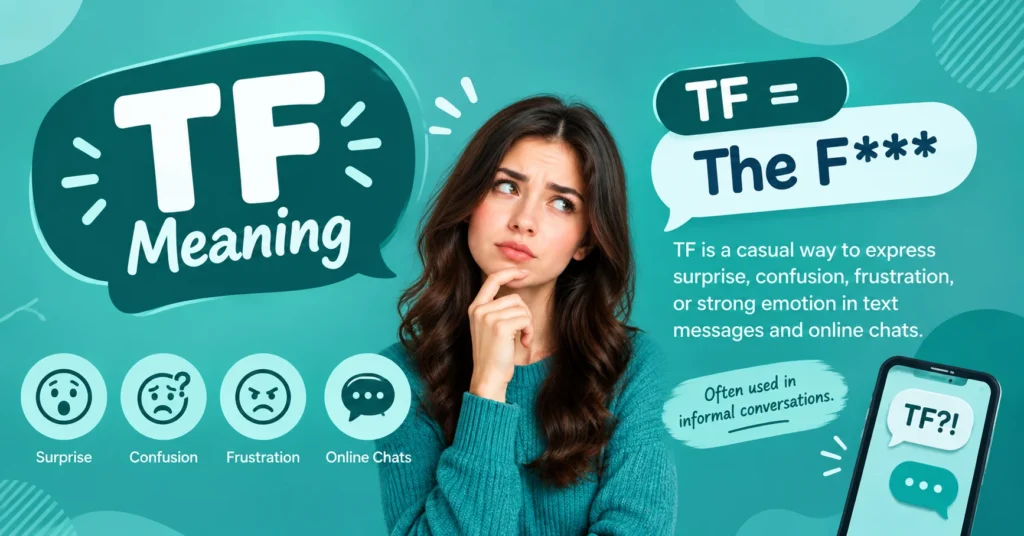 TF meaning infographic explaining “The F***” as casual text slang used to express surprise, confusion, frustration, or strong emotion.