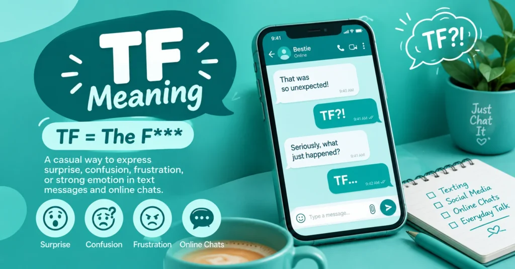 TF meaning infographic showing “TF?!” in a smartphone chat, with examples of surprise, confusion, frustration, and informal online communication.