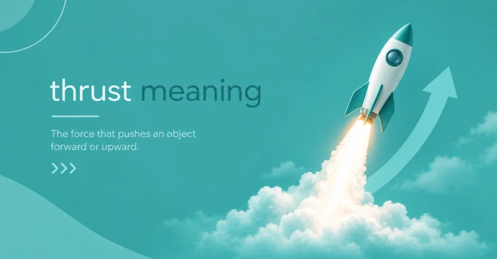 Thrust meaning illustrated by a rocket launching upward, showing the force that pushes an object forward or upward in a teal background.