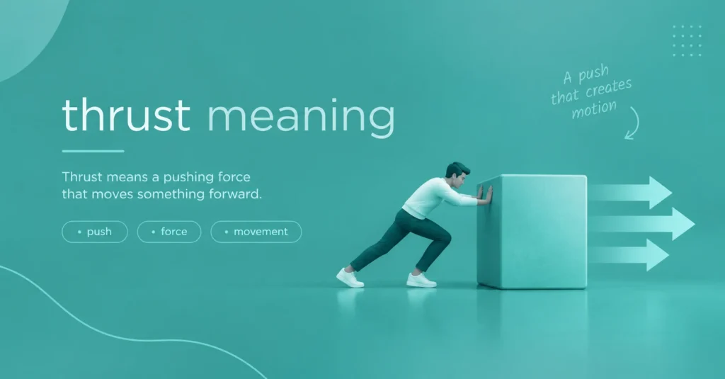 Thrust meaning illustrated by a person pushing a block forward, representing pushing force, movement, and motion on a teal background.