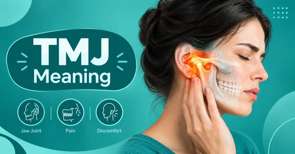 TMJ meaning infographic showing jaw joint location, jaw pain, and a highlighted temporomandibular joint.