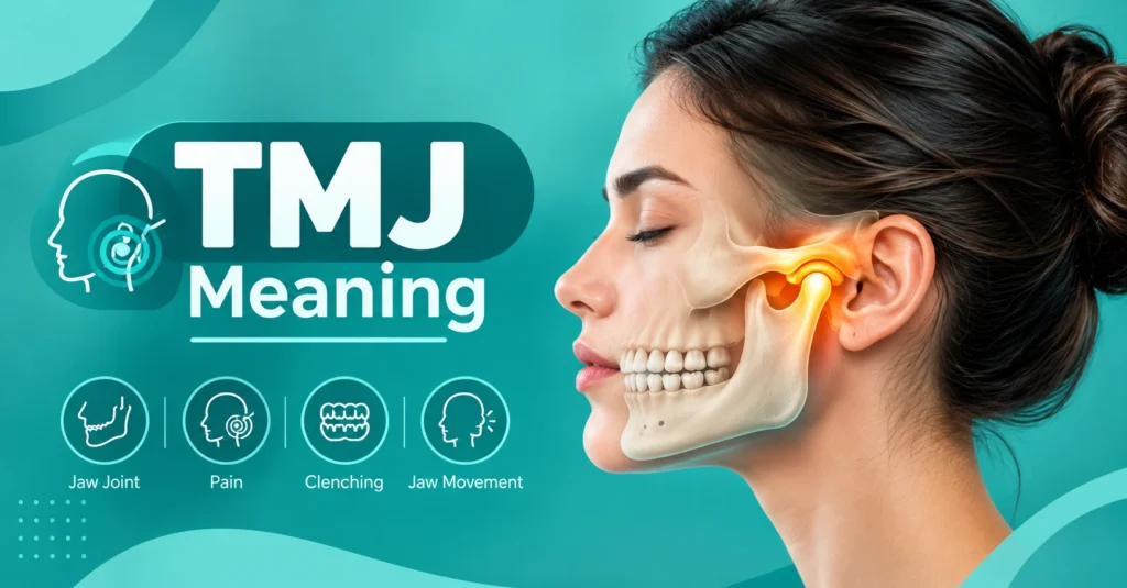 TMJ meaning medical infographic showing the jaw joint, pain, clenching, and jaw movement with a highlighted TMJ area.