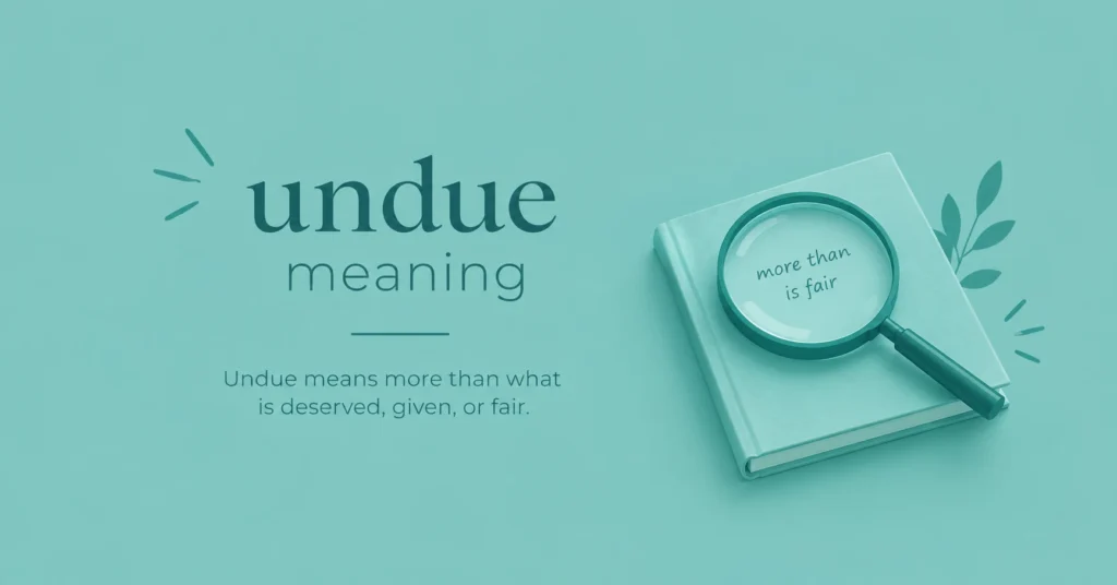 Undue meaning infographic with a book and magnifying glass on a teal background.